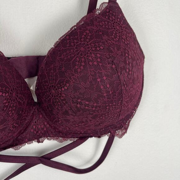 Pink Victoria's Secret Date Wireless Push Up Bra Burgundy Lace Women's 36DDD - Picture 3 of 8
